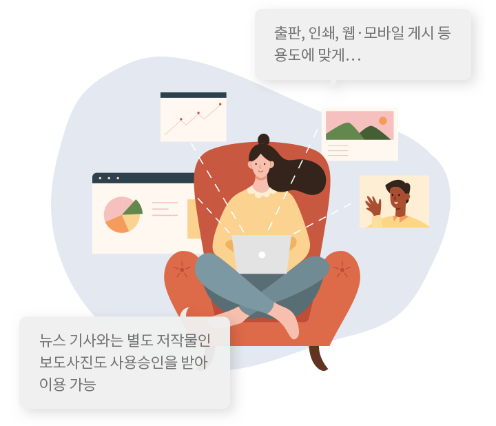 뉴스 기사와는 별도 저작물인 보도사진도 사용승인을 받아 이용 가능. 출판, 인쇄, 웹ㆍ모바일 게시 등 용도에 맞게...